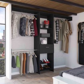 Manchester 250 Closet System, Five Open Shelves, One Drawer, Three Metal Rods -Black - as Pic