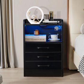 LED Nightstand with 3 Drawers, Modern Bedside Night Stand End Table with Charging Station, USB Ports and Outlets LED Light Strips for Bedroom, Living