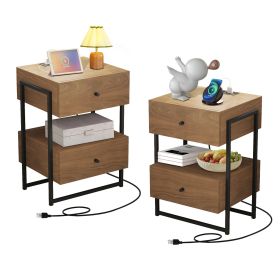 Nightstands Set of 2 with Charging Station, End Table with Storage Drawer, Retro Bedside Tables w/USB Ports and Outlets, Sofa Side Table for Small Spa