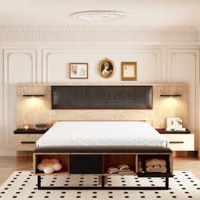 Queen Size Wood Platform Bed with Upholstered Headboard, Lights and Storage Nightstand, Bench, Walnut - as Pic