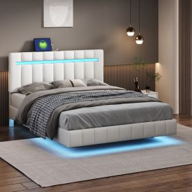 Queen Size Floating Bed Frame with LED Lights and USB Charging,Modern Upholstered Platform LED Bed Frame, White - as Pic