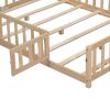 Full Size Floor Platform Bed with Fence and Door for Kids, Montessori Floor Bed Frame with Support Slats for Toddlers, Wooden Floor Bed Natural - as P