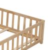 Full Size Floor Platform Bed with Fence and Door for Kids, Montessori Floor Bed Frame with Support Slats for Toddlers, Wooden Floor Bed Natural - as P