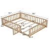 Full Size Floor Platform Bed with Fence and Door for Kids, Montessori Floor Bed Frame with Support Slats for Toddlers, Wooden Floor Bed Natural - as P