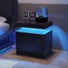 Nightstand LED Bedside Table Cabinet Lights Modern End Side with 2 Drawers for Bedroom (Black Gold) - as Pic