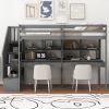 Twin Size Loft Bed Frame with Storage Staircase and Double Desks and Shelves,Gray - as Pic