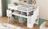Twin Size Loft Bed Frame with Storage Staircase and Double Desks and Shelves,White - as Pic