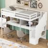 Twin Size Loft Bed Frame with Storage Staircase and Double Desks and Shelves,White - as Pic