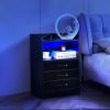 LED Nightstand with 3 Drawers, Modern Bedside Night Stand End Table with Charging Station, USB Ports and Outlets LED Light Strips for Bedroom, Living