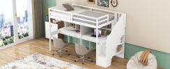 Twin Size Loft Bed Frame with Storage Staircase and Double Desks and Shelves,White - as Pic