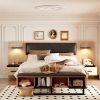 Queen Size Wood Platform Bed with Upholstered Headboard, Lights and Storage Nightstand, Bench, Walnut - as Pic