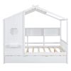 Wooden Full Size House Bed With Trundle, Modern Design for Kids with Storage Shlef, White - as Pic