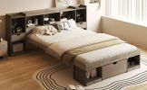 Queen Size Wood Platform Bed with Muti-storage Headboard and a Drawer, Gray - as Pic