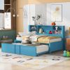 Metal Twin Size Daybed with Twin Size Trundle, Storage Shelves and USB Ports, Blue - as Pic