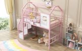 Metal Loft Bed with roof design and a storage box, Twin, Pink - as Pic