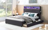 Full Size Upholstered Platform Bed with Storage Headboard, LED, USB Charging and 2 Drawers, Dark Gray - as Pic