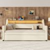 Twin Size Daybed with Trundle, Upholstered Daybed with Charging Station and LED Lights, White (Expect arrive date:May 20th. ) - as Pic