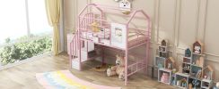 Metal Loft Bed with roof design and a storage box, Twin, Pink - as Pic