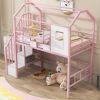 Metal Loft Bed with roof design and a storage box, Twin, Pink - as Pic