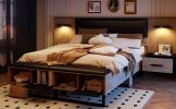 Queen Size Wood Platform Bed with Upholstered Headboard, Lights and Storage Nightstand, Bench, Walnut - as Pic