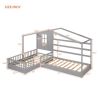 Wood House Bed Twin Size, 2 Twin Solid Bed L structure with fence and slatted frame, Gray - as Pic