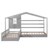 Wood House Bed Twin Size, 2 Twin Solid Bed L structure with fence and slatted frame, Gray - as Pic