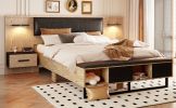 Queen Size Wood Platform Bed with Upholstered Headboard, Lights and Storage Nightstand, Bench, Walnut - as Pic