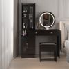 Modern Makeup Vanity Table Set with Side Cabinet and LED Mirror, Retractable Dressing Table with Power Outlets, 3 Light Colors - As shown in the figur