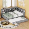 Wooden Full Size DayBed with Twin Size Trundle, DayBed with Storage Shelf and USB Charging Ports,Grey - as Pic