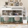 Twin Size Loft Bed Frame with Storage Staircase and Double Desks and Shelves,White - as Pic