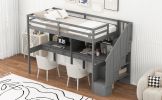 Twin Size Loft Bed Frame with Storage Staircase and Double Desks and Shelves,Gray - as Pic
