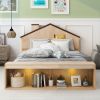 Full Size House Platform Bed with LED Lights and Storage, Wood Color - as Pic