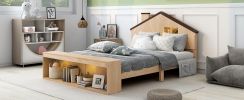 Full Size House Platform Bed with LED Lights and Storage, Wood Color - as Pic