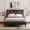 Full size Upholstered Platform Bed with Storage Headboard and USB Port, Linen Fabric Upholstered Bed (Gray) - as Pic