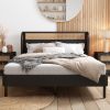 Modern Cannage Rattan Wood Platform Queen Bed, Black - as Pic