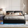 Queen Size Upholstered Faux Leather Platform Bed with LED Light Bed Frame with Slatted - Black - as Pic