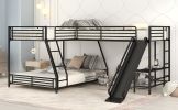 L-Shaped Twin over Full Bunk Bed with Twin Size Loft Bed,Built-in Desk and Slide,Black - as pic