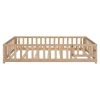 Full Size Floor Platform Bed with Fence and Door for Kids, Montessori Floor Bed Frame with Support Slats for Toddlers, Wooden Floor Bed Natural - as P