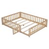 Full Size Floor Platform Bed with Fence and Door for Kids, Montessori Floor Bed Frame with Support Slats for Toddlers, Wooden Floor Bed Natural - as P