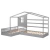 Wood House Bed Twin Size, 2 Twin Solid Bed L structure with fence and slatted frame, Gray - as Pic