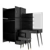 Makeup Vanity Table and Large Armoire Wardrobe Set, Dressing Table with LED Mirror and Power Outlets and 5 Drawers, 4 Door Bedroom Closet, Black - As