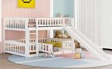 Bunk Bed with Slide,Full Over Full Low Bunk Bed with Fence and Ladder for Toddler Kids Teens White - as pic