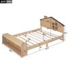 Full Size House Platform Bed with LED Lights and Storage, Wood Color - as Pic