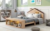 Full Size House Platform Bed with LED Lights and Storage, Wood Color - as Pic