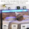 Full Size Bed Frame with Storage Headboard and 2 Drawers, LED Lights Bed with Charging Station, Metal Platform Bed No Noise, Mattress Foundation Stron