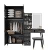 Makeup Vanity Table and Large Armoire Wardrobe Set, Dressing Table with LED Mirror and Power Outlets and 5 Drawers, 4 Door Bedroom Closet, Black - As