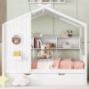 Wooden Full Size House Bed With Trundle, Modern Design for Kids with Storage Shlef, White - as Pic