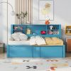 Metal Twin Size Daybed with Twin Size Trundle, Storage Shelves and USB Ports, Blue - as Pic