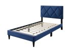 Twin Size Bed w Adjustable Headboard 1pc Bedframe, Navy Blue Velvet Upholstered Youth Bedroom Furniture - as Pic