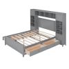 Full Size Wooden Bed With All-in-One Cabinet and Shelf, Gray - as Pic